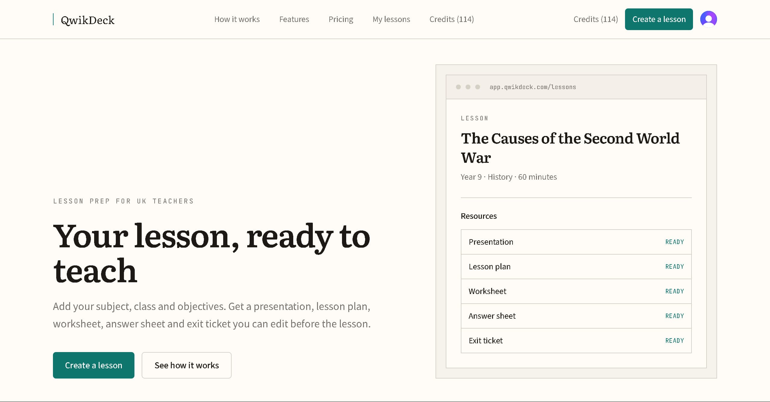 QwikDeck lesson preparation platform showing generated classroom resources